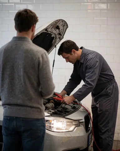 Mechanic connects red jumper cables to a car with its hood open while a customer watches from behind.