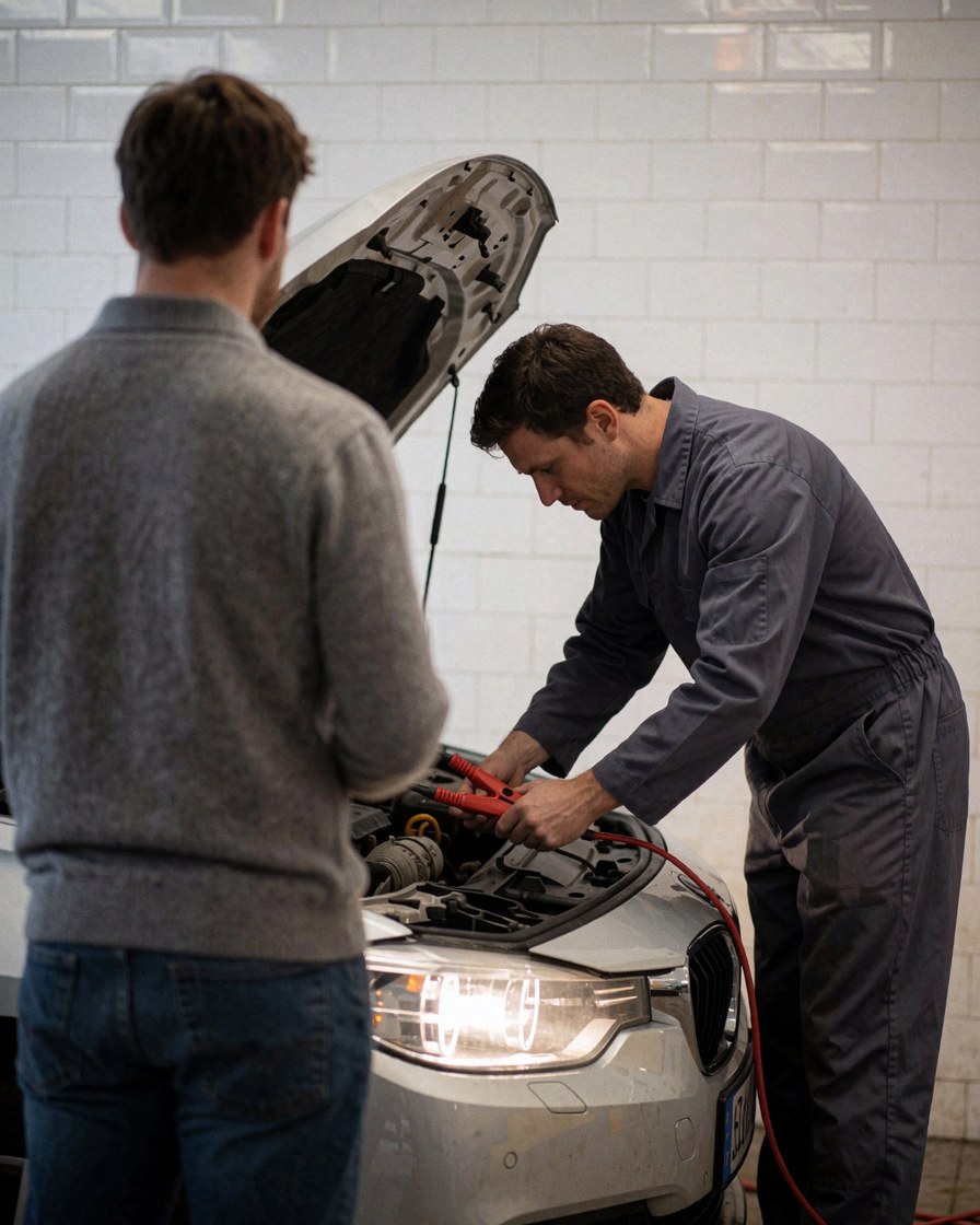 Mechanic connects red jumper cables to a car with its hood open while a customer watches from behind.