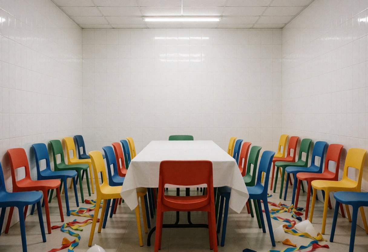 Empty party room with white table, colorful plastic chairs, and balloons on floor with white tiled walls