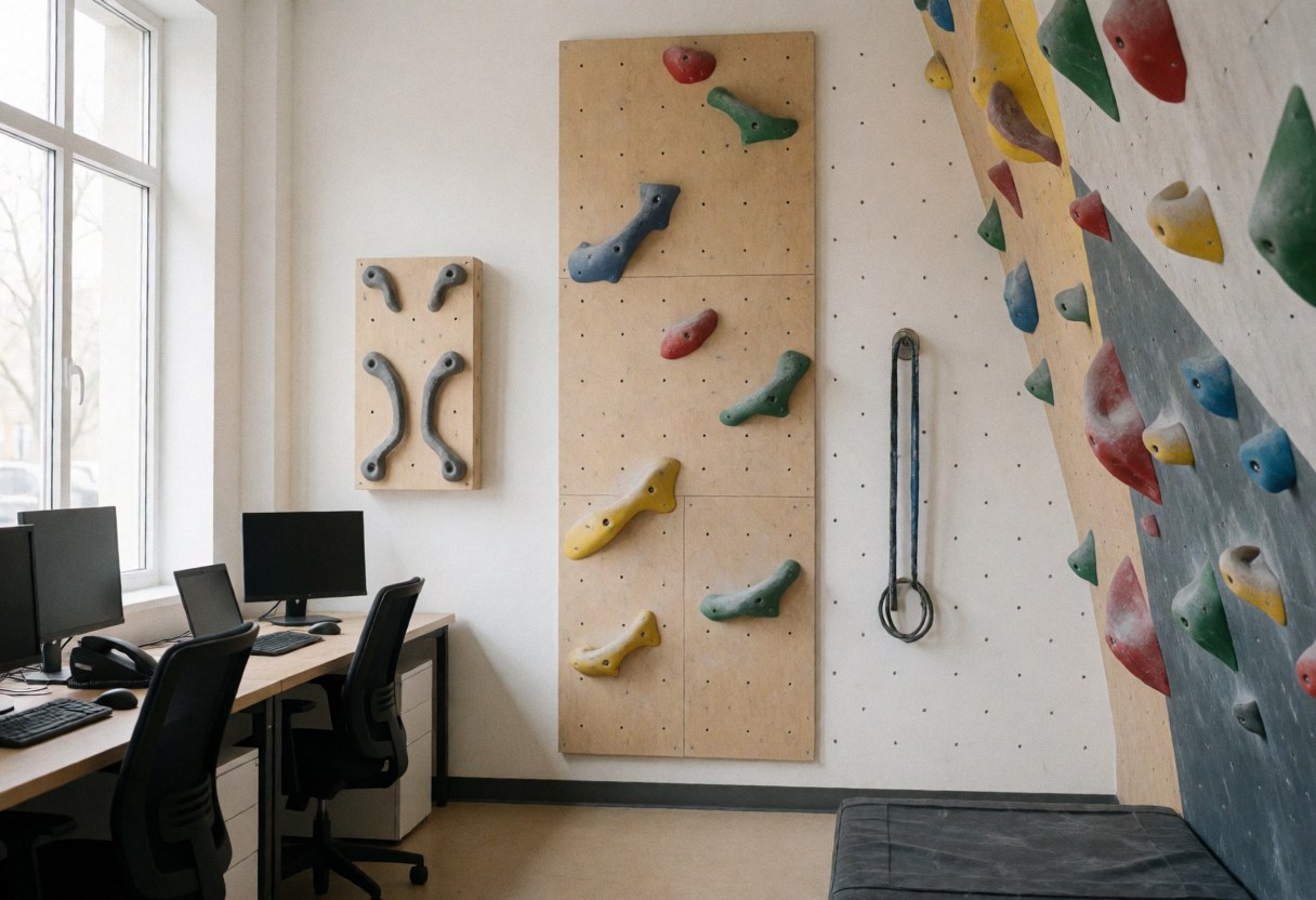 Indoor climbing wall featuring colorful handholds and a campus board with ropes hanging, illuminated by natural light in a fitness facility