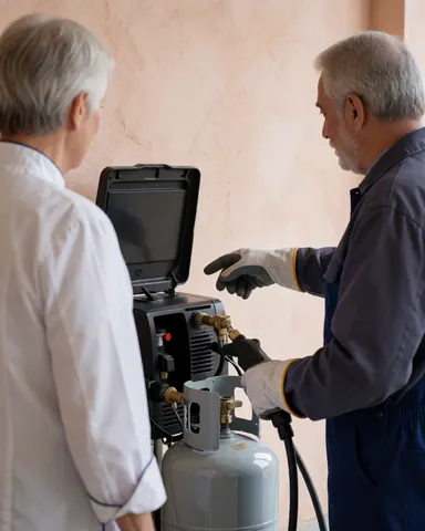 Technician in gloves explains refrigerant recovery machine operation to a client in a garage with light drywall walls.