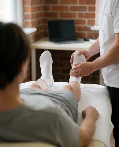 Reflexologist applying foot massage to a client lying on a treatment table with brick wall background