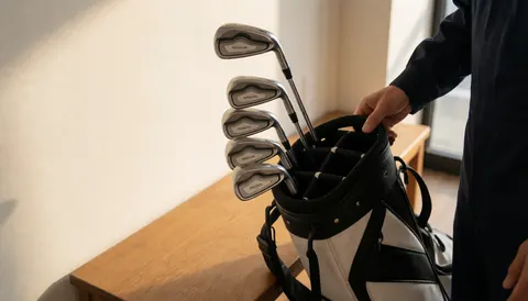 Golf instructor adjusting golf bag on wooden bench in pro shop with warm lighting and visible clubs
