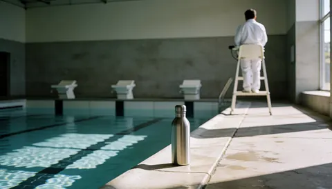 Lifeguard on high chair watching a lane pool with a metal water bottle on the edge and clear calm water