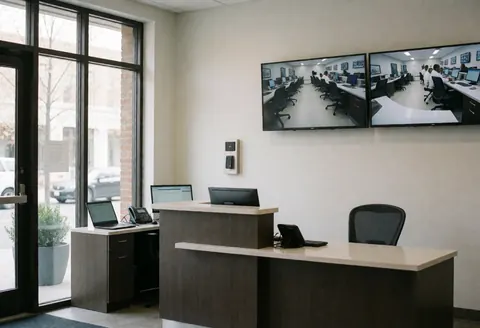 Modern apartment hotel lobby featuring a reception desk, security monitors, and an access panel illuminated by large windows.