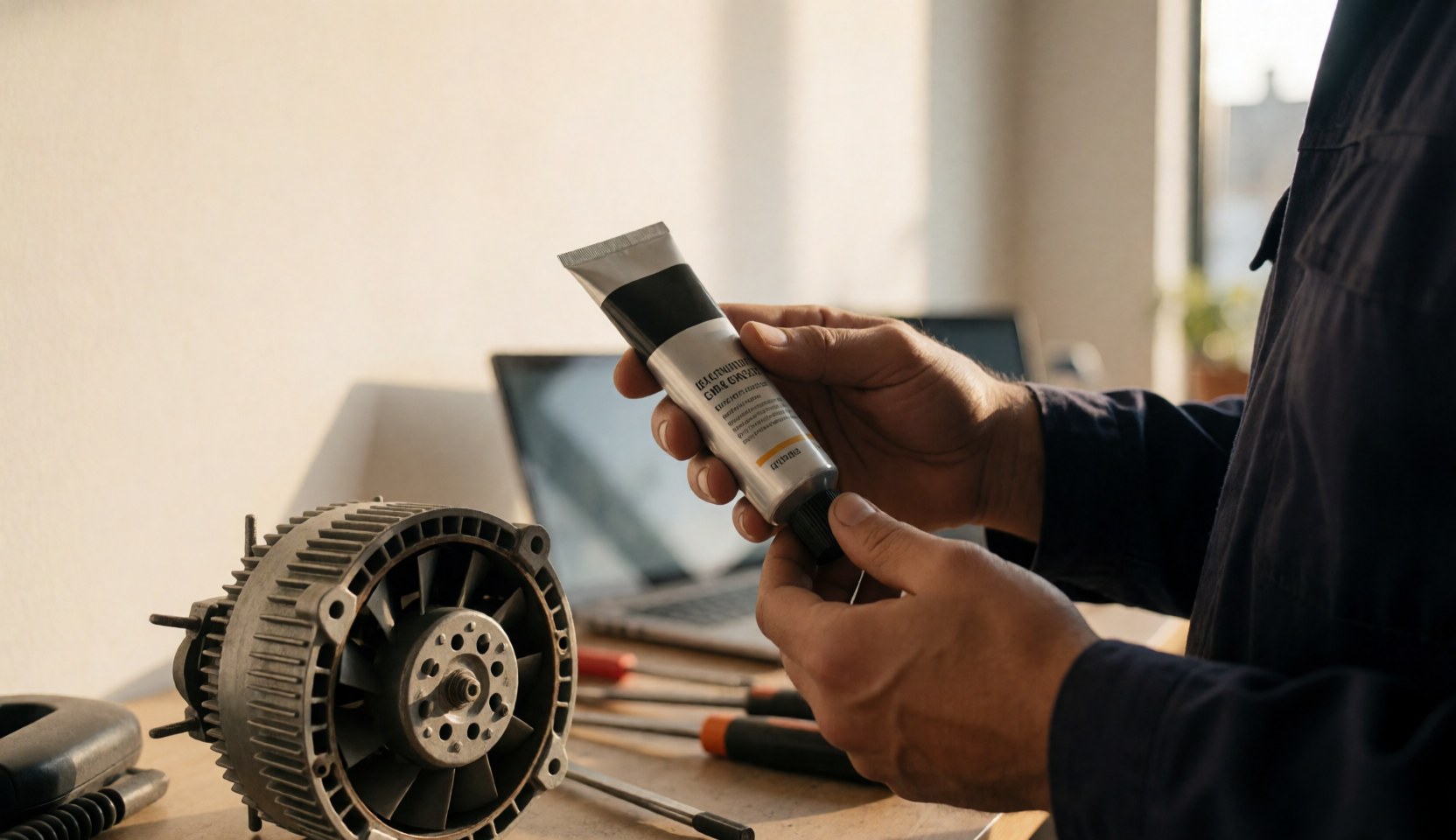 Technician applying lubricant to a disassembled fan motor on a workbench with tools and laptop in the background