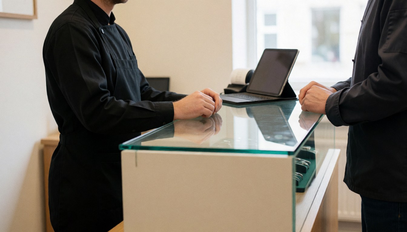 Watchmaker in dark uniform attends to a client behind a glass counter with a tablet and cash register, lit by natural light.