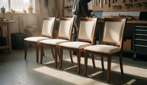 Four restored wooden chairs with cream fabric in a bright workshop with tools on the wall and a professional working in the background.
