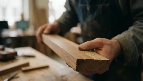 Close-up of carpenter hands holding a piece of wood in a workshop with tools and workbenches, ideal for carpentry services.
