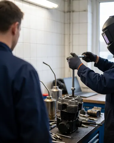 Mechanic in gloves uses a torque wrench on a cylinder head while a customer watches in a workshop with white tiled walls and tools.