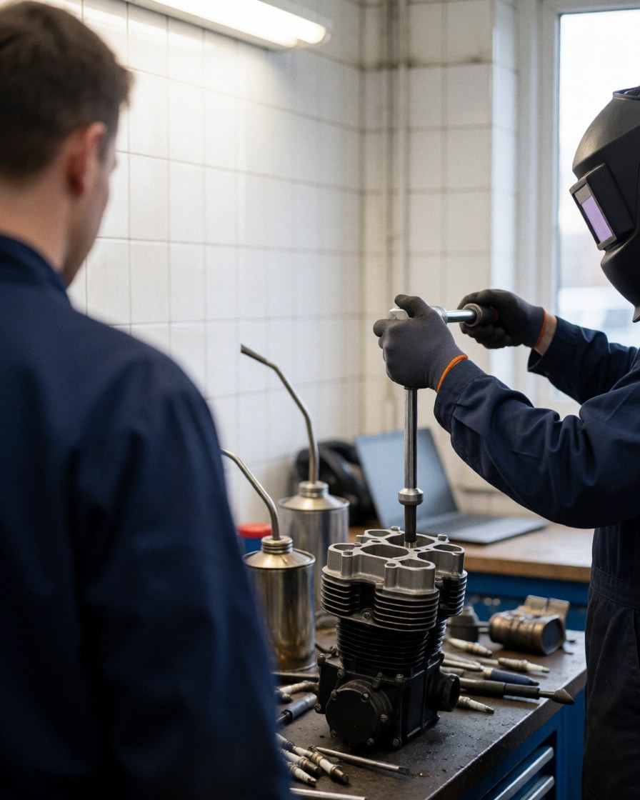 Mechanic in gloves uses a torque wrench on a cylinder head while a customer watches in a workshop with white tiled walls and tools.