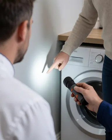 A customer points to a water stain on the floor near a washing machine while a technician inspects the area with a flashlight.