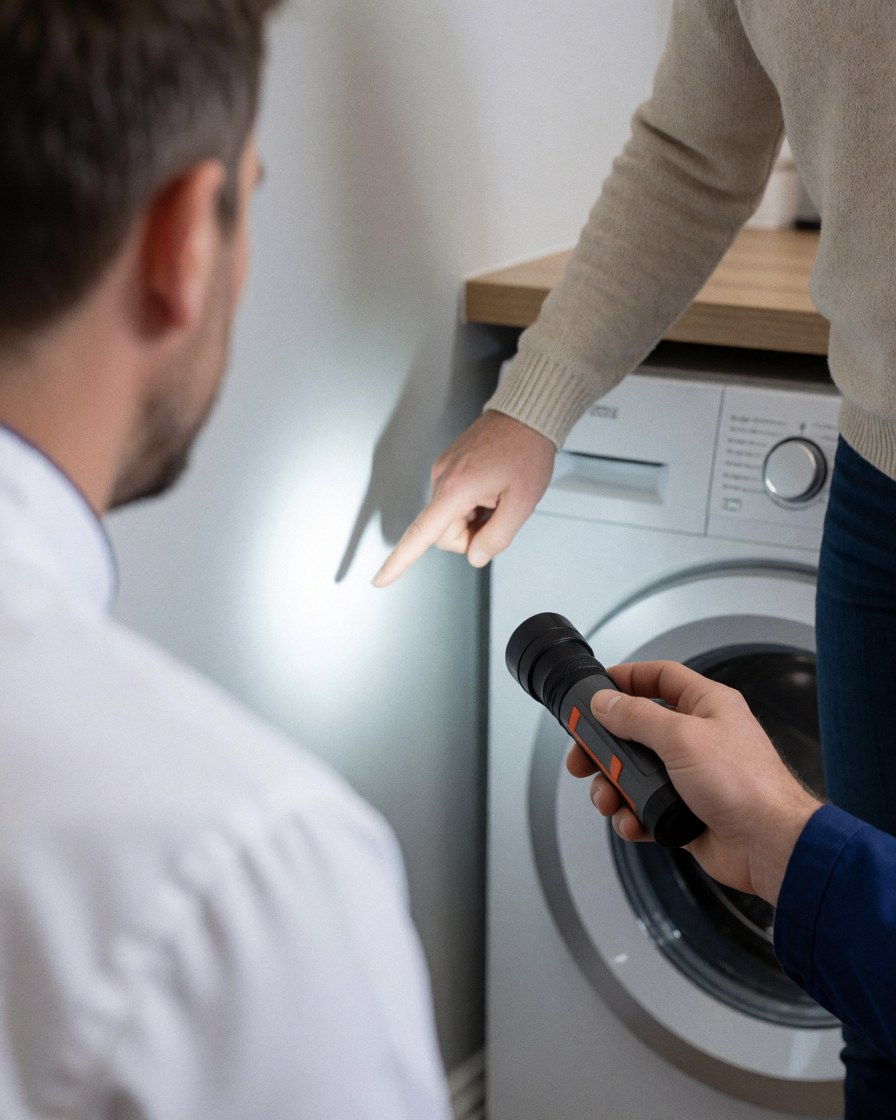 A customer points to a water stain on the floor near a washing machine while a technician inspects the area with a flashlight.