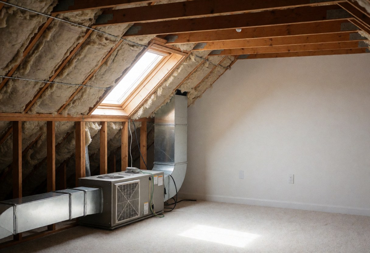 Metal heating ducts and wooden beams in a slanted ceiling space illuminated by a skylight window.