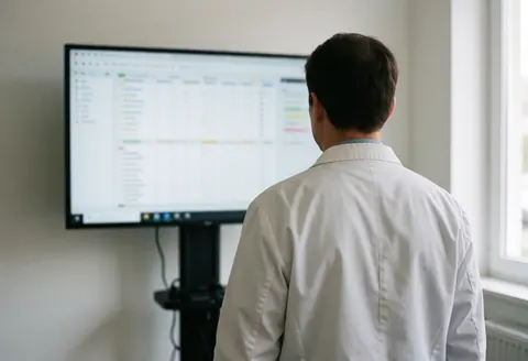 A professional wearing a white lab coat stands in front of a monitor displaying analysis data in a bright room with white walls and natural light.