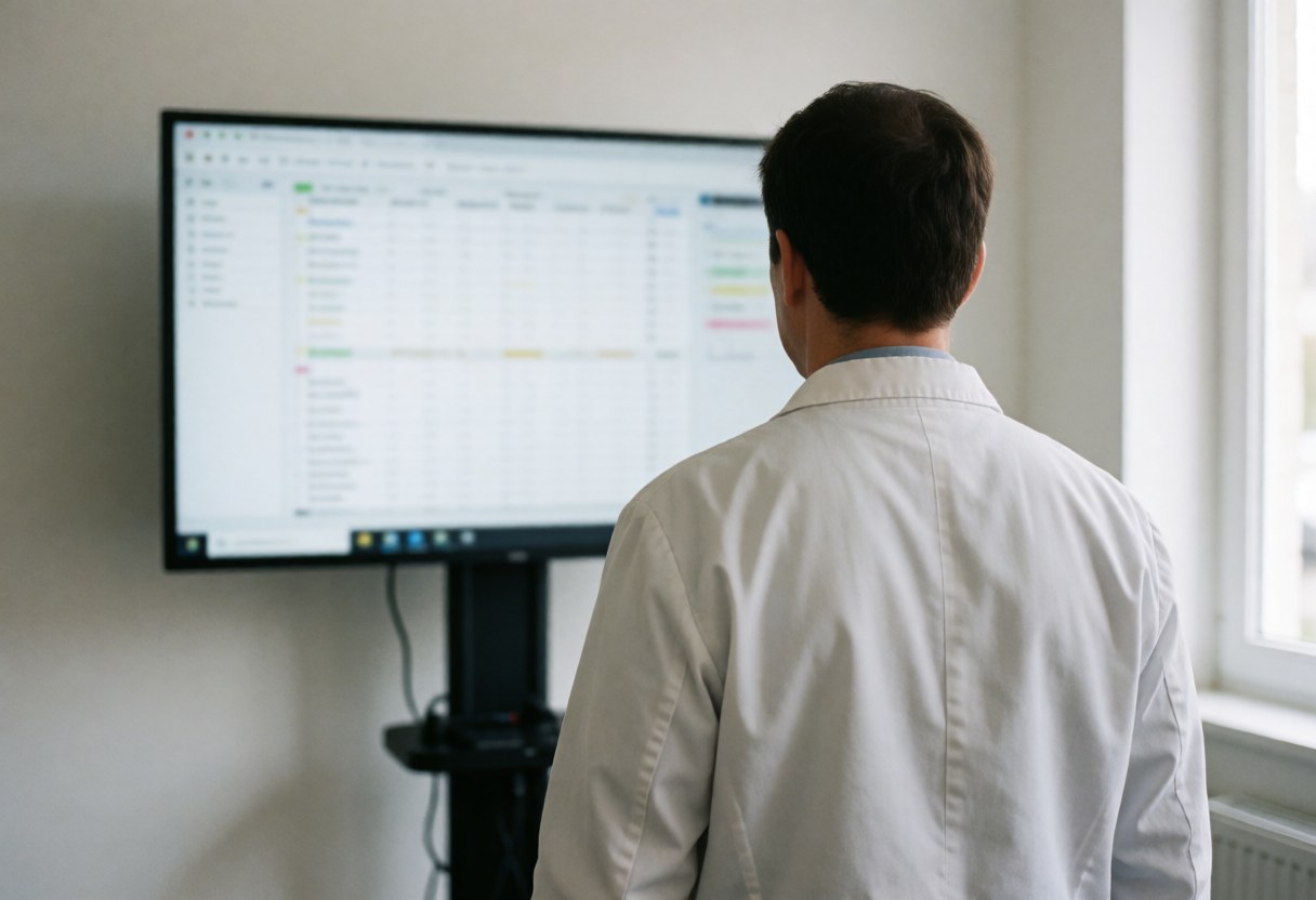 A professional wearing a white lab coat stands in front of a monitor displaying analysis data in a bright room with white walls and natural light.
