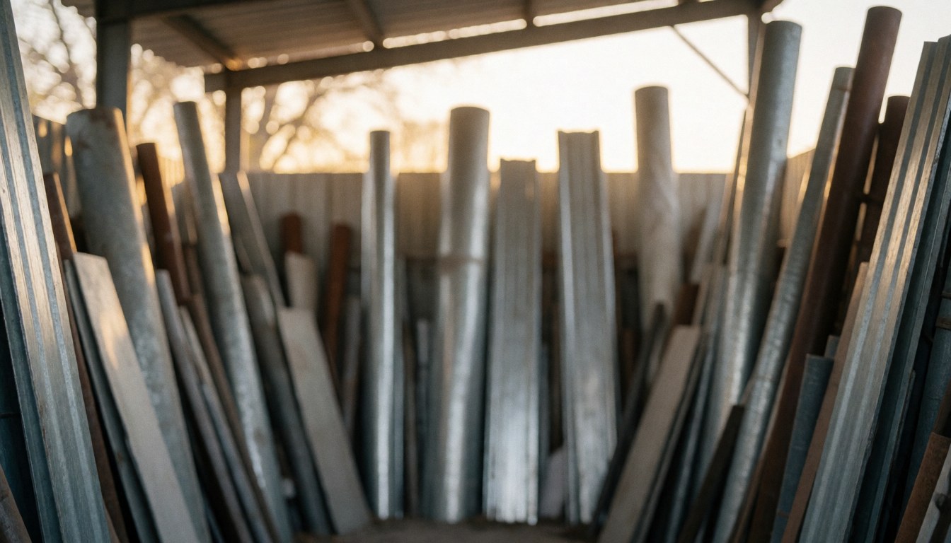 Covered warehouse interior featuring stacked metal sheets and pipes, illuminated by warm sunset light, suitable for commercial text backgrounds