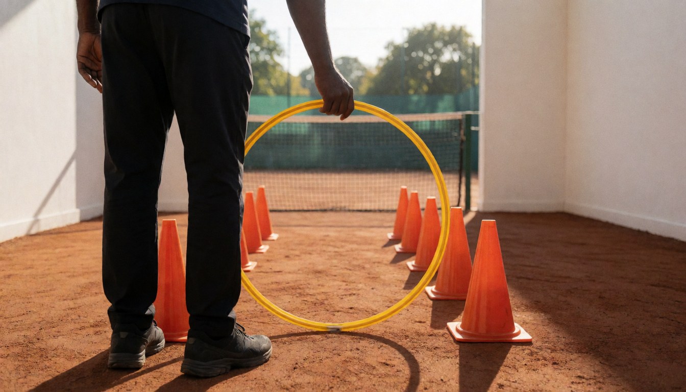 A tennis coach sets up a yellow hoop among orange cones on a clay court with a net and trees in the background.