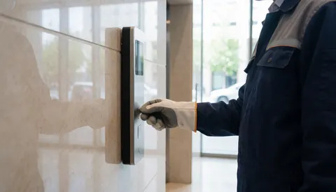 Technician adjusting elevator control panel on polished stone wall in modern lobby with natural light