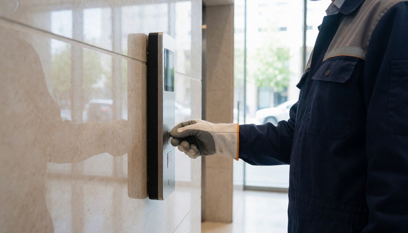 Technician adjusting elevator control panel on polished stone wall in modern lobby with natural light