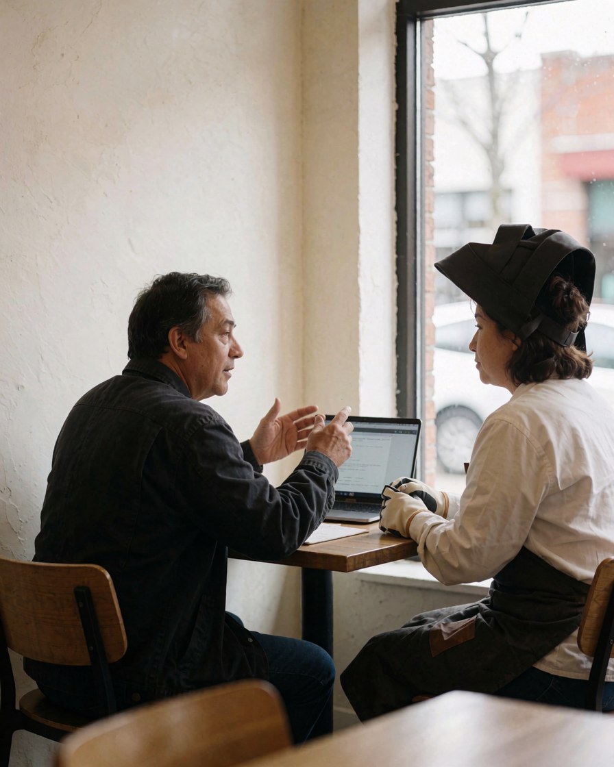 A satisfied customer and professional having a business consultation in a cafe with natural light and warm walls