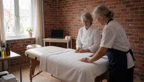 Two older women relaxing while receiving a therapeutic massage on a white table in a room with brick walls and natural light