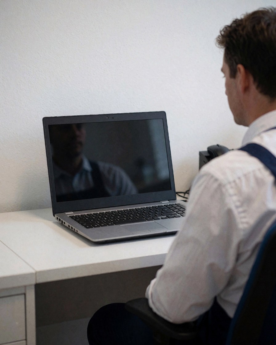 A technician working on a laptop in a clean, professional office with soft lighting and white walls.