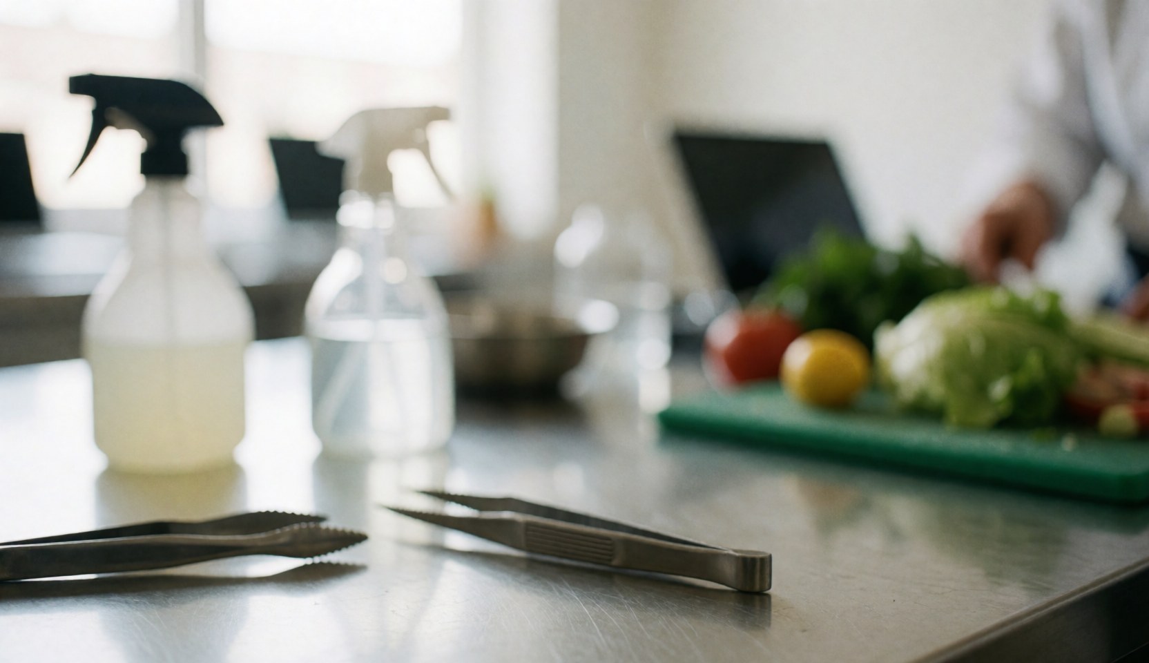 Professional kitchen background featuring tongs, cleaning bottles, and fresh vegetables on a stainless steel surface, ideal for product photography services.