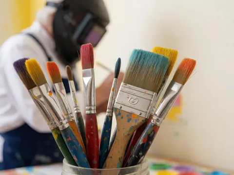 Colorful paintbrushes in a jar with an artist working in the background, ideal for a resort with artistic activities