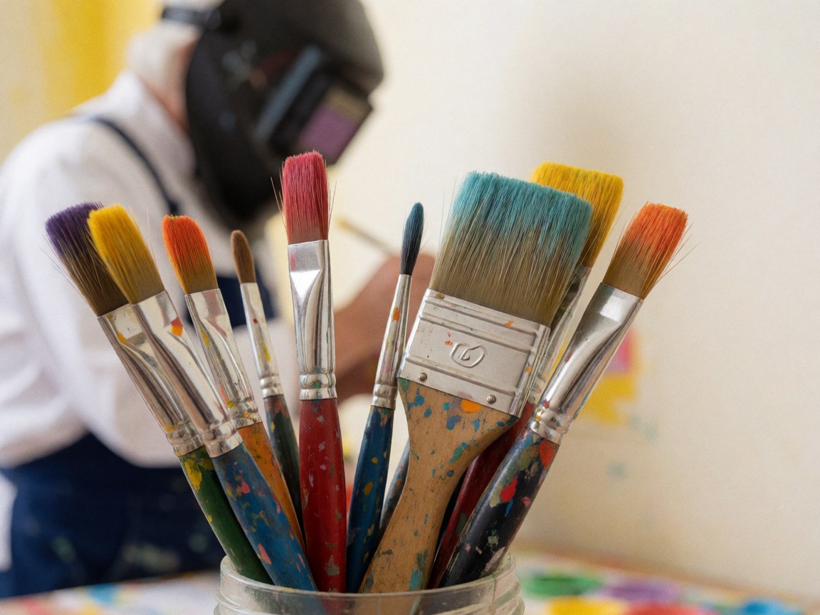 Colorful paintbrushes in a jar with an artist working in the background, ideal for a resort with artistic activities