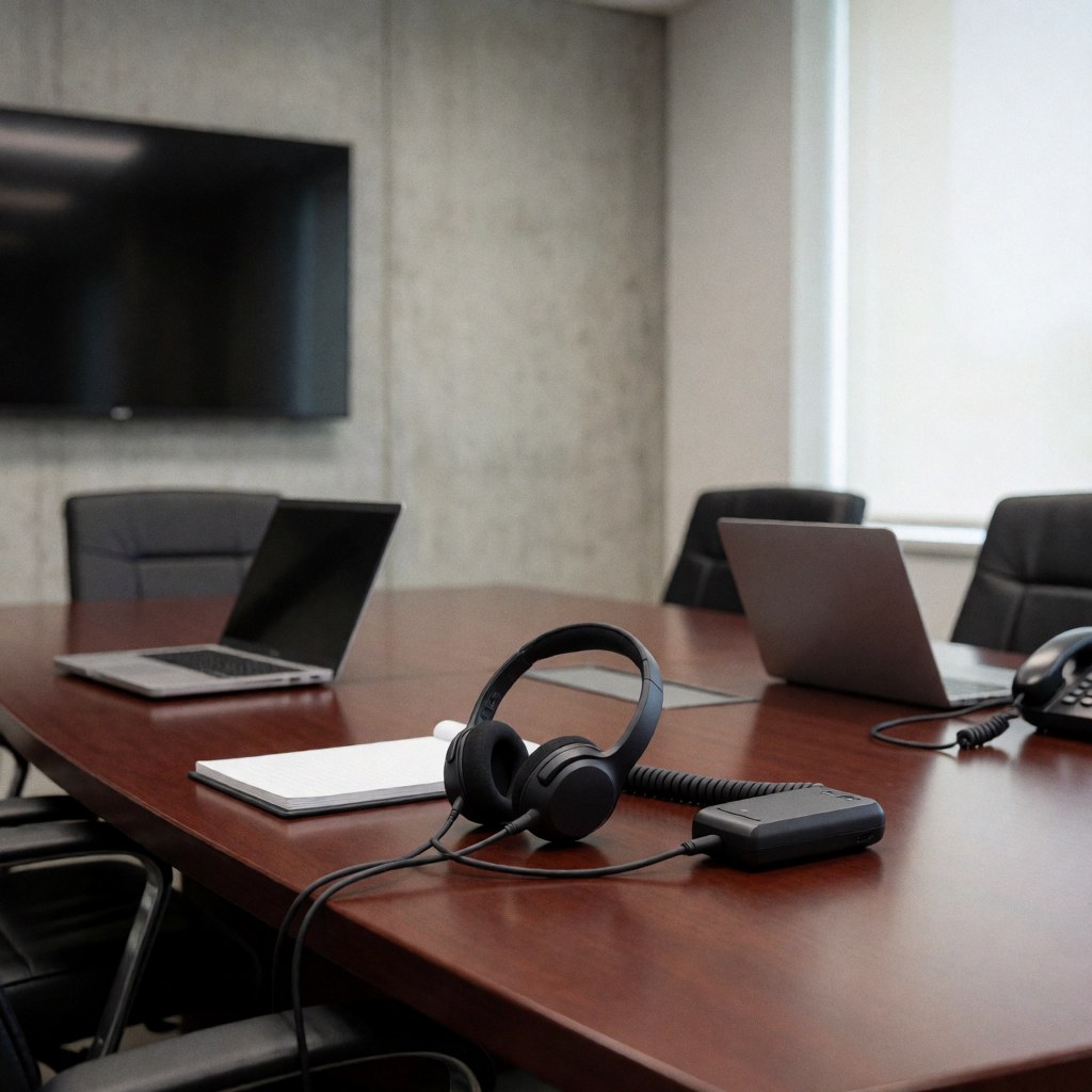Wireless headphones with transmitter on a polished wooden table next to a notebook in a meeting room with polished concrete walls