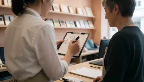 A stationery shop assistant displays a notebook and marker to a customer in a store with shelves and terracotta walls.