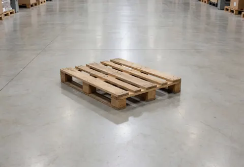 A wooden pallet resting on the clean concrete floor of a spacious industrial warehouse, highlighting freight transport infrastructure.