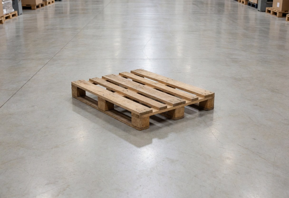 A wooden pallet resting on the clean concrete floor of a spacious industrial warehouse, highlighting freight transport infrastructure.