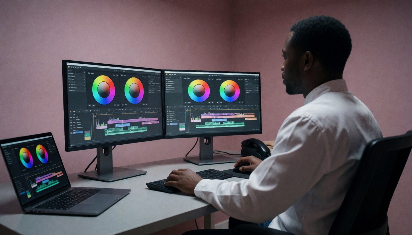 Professional videographer editing video on dual monitors in a studio with pink walls, ideal for a website hero section.