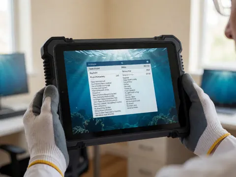 Gloved hands holding a tablet displaying scientific fish data in an office setting