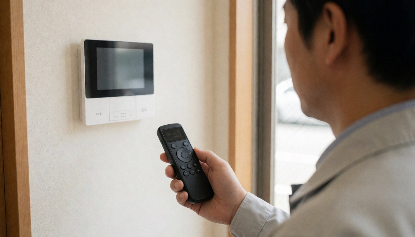 Technician checking an alarm panel with a remote control against a light wall in natural light during a repair service