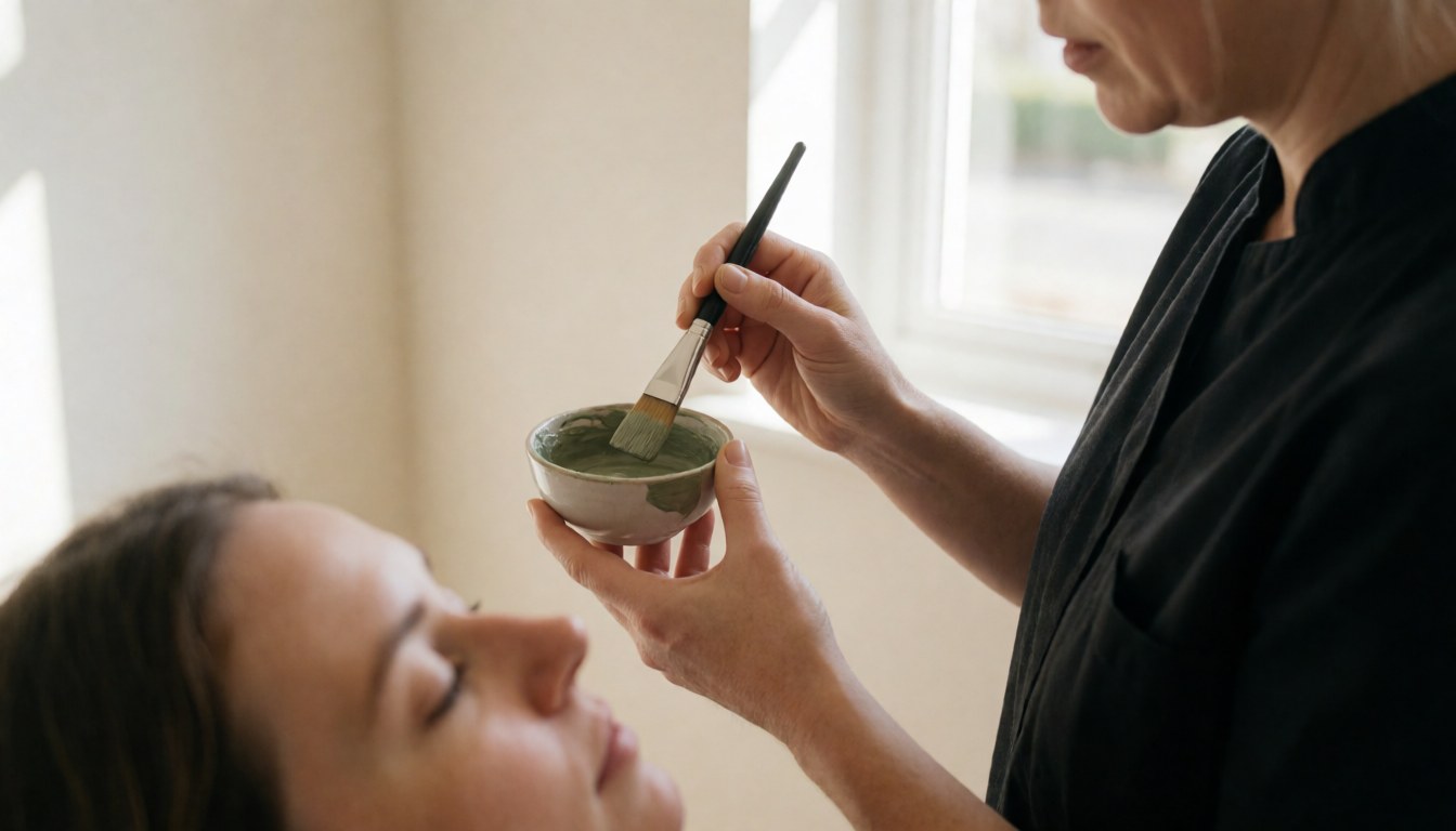 Therapist applying green clay mask to client face in bright salon with white walls