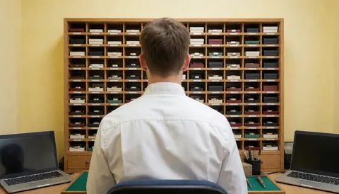 Person standing with back to camera facing organized watch repair cabinet with yellow walls and laptop on desk