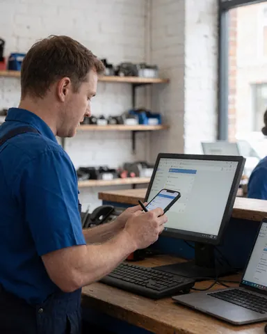 A technician uses a stylus to inspect a mobile phone while working at a repair bench with shelves of parts and a monitor in the background.
