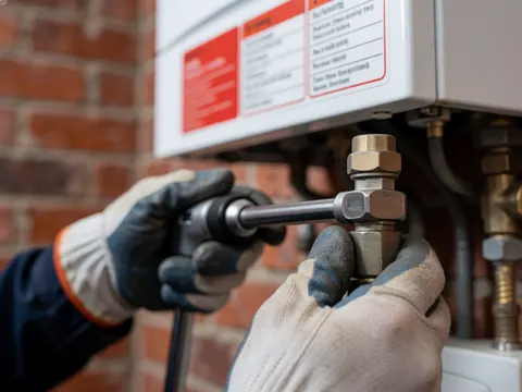 Close-up of a technician's gloved hand tightening a hex bolt on a metal gas pipe connected to a boiler with a red warning label against a brick wall.