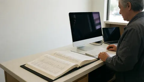 Person working on a computer with an open book on a reception desk against a white background, ideal for furniture repair services.
