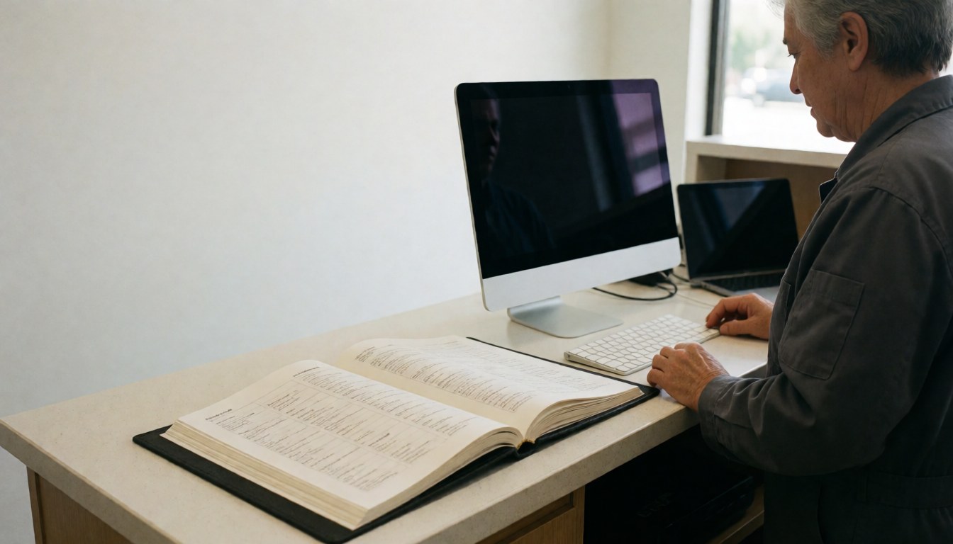 Person working on a computer with an open book on a reception desk against a white background, ideal for furniture repair services.