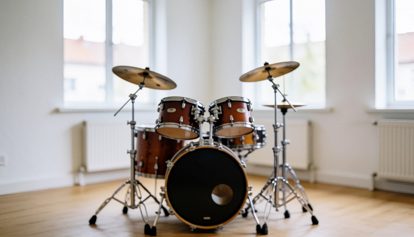 Empty music studio featuring a drum set against white walls and large windows, providing a clean background for text overlays about music classes.