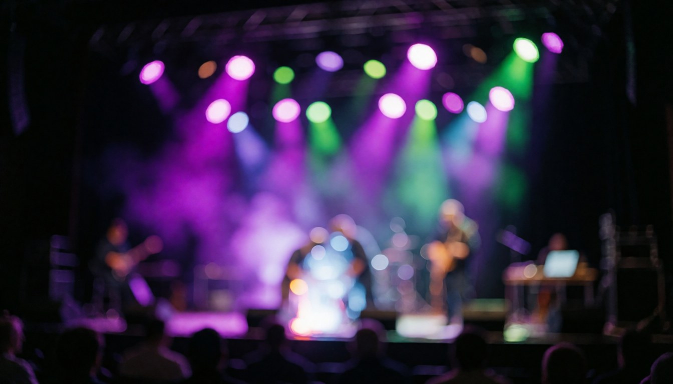 Vibrant stage lighting with colorful bokeh effects, ideal for event photography backgrounds and text overlays