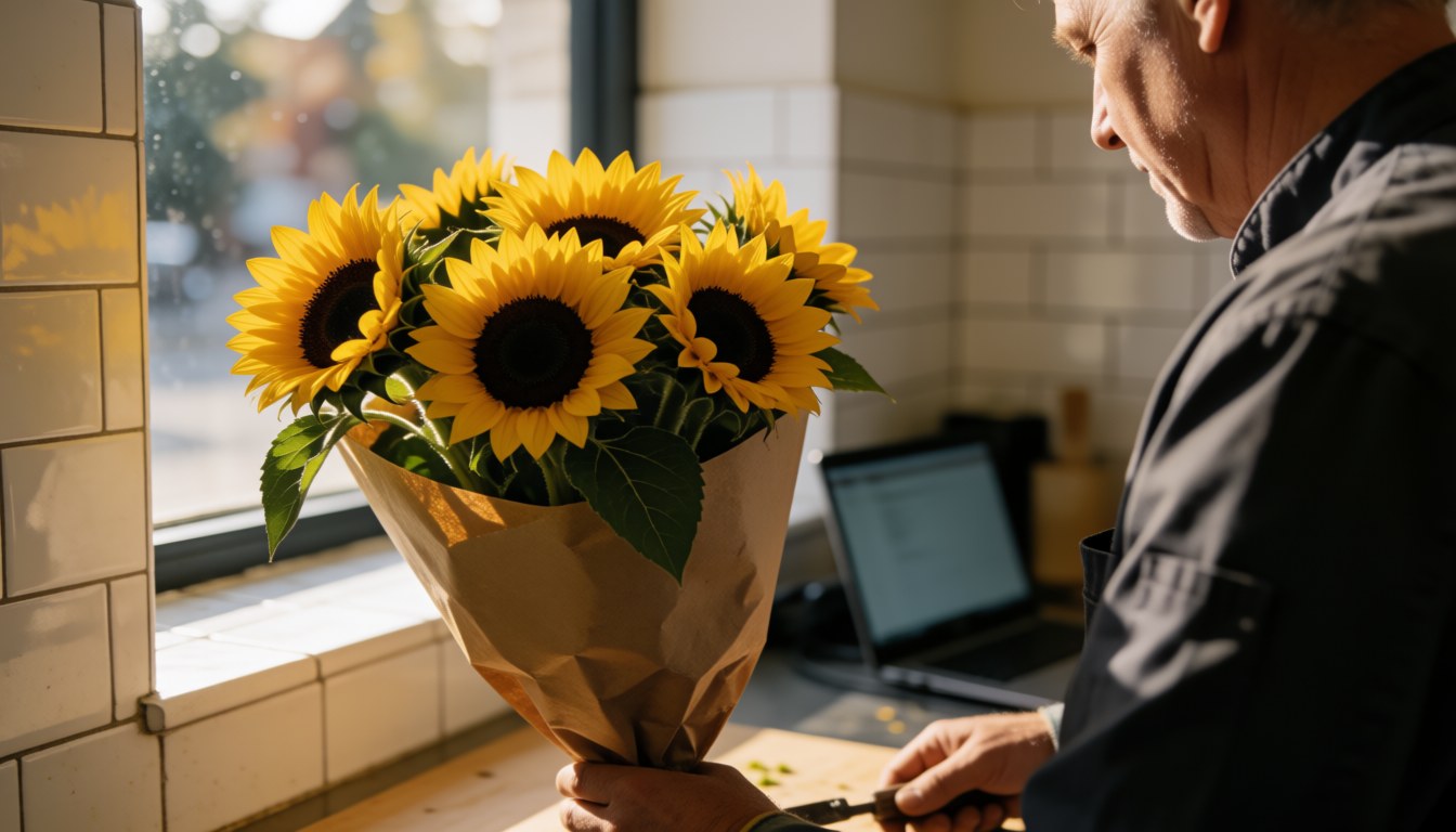 A bouquet of sunflowers wrapped in kraft paper resting on a counter near a window in a florist shop with white tiles and natural light