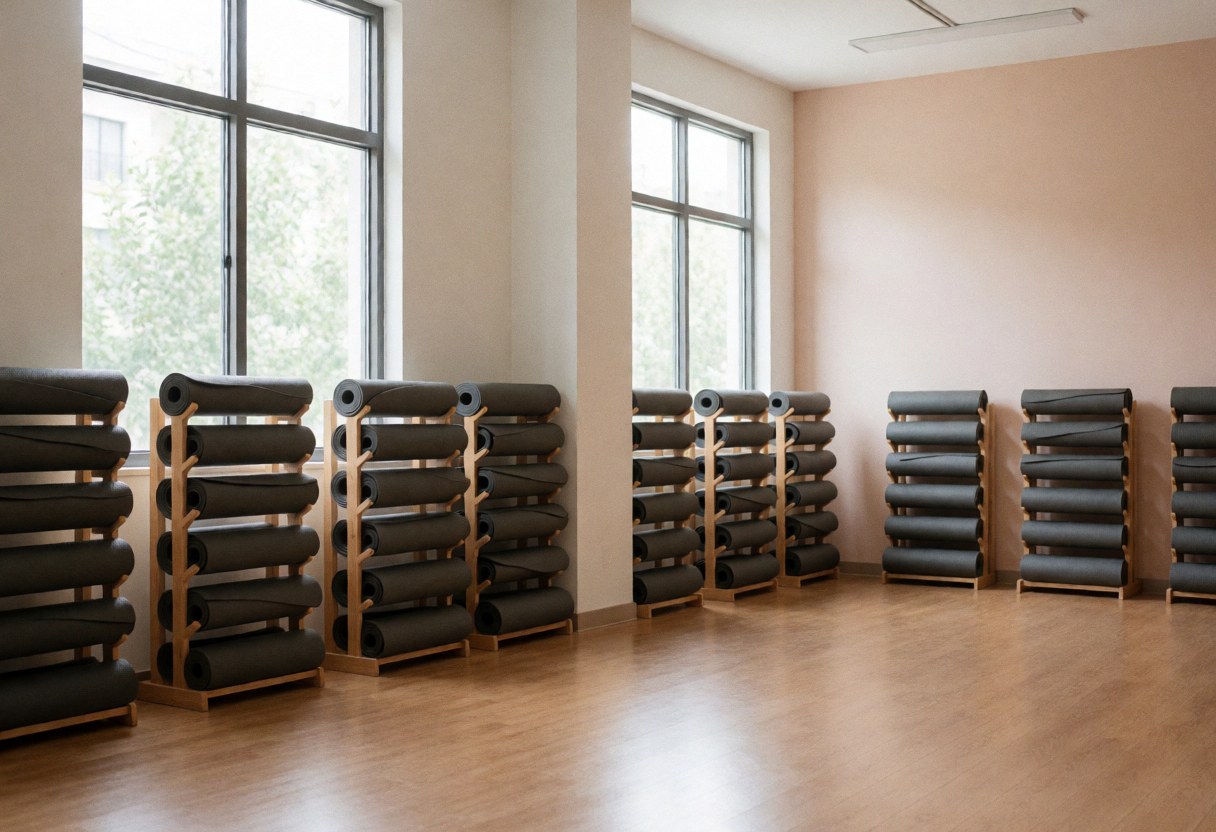 Empty yoga studio with rolled mats on wooden shelves, polished wood floor, and large windows letting in natural light