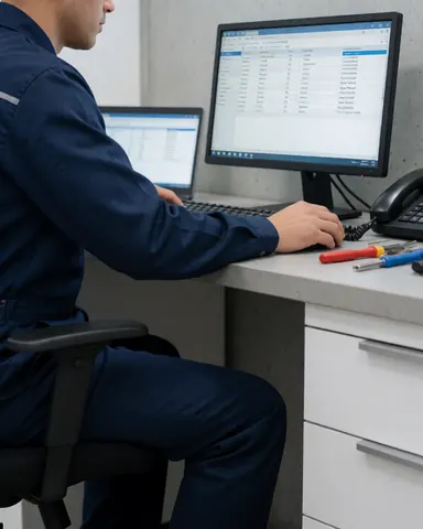 Technician in blue uniform analyzing data on computer monitor with repair tools on desk and concrete wall background