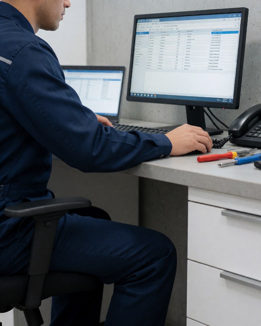 Technician in blue uniform analyzing data on computer monitor with repair tools on desk and concrete wall background