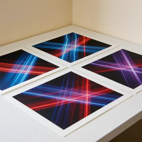 Four kinetic photography prints with blue red and purple light streaks on textured paper displayed on a white table against beige walls